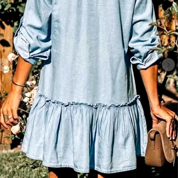 M Light Blue Mazik Button Down Distressed Denim Shirt Dress/Tunic 100% Cotton - Picture 6 of 16